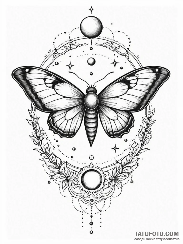 Celestial moth with moon phases detailed on i... - эскиз тату (№1751800641_0, 06.07.2025 11:17) — Tatufoto.com