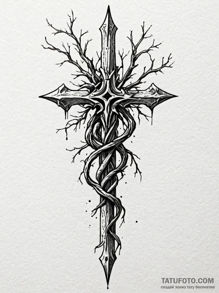 Cursed blade wrapped in roots, tattoo line ar… — эскиз тату (№1751801321_0, 06.07.2025 11:28) — Tatufoto.com