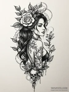 Jasmine vine climbing up a woman's spine, tat... - эскиз тату (№1751801406_0, 06.07.2025 11:30) — Tatufoto.com