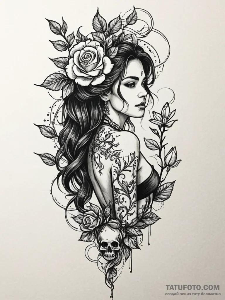 Jasmine vine climbing up a woman's spine, tat... - эскиз тату (№1751801406_0, 06.07.2025 11:30) — Tatufoto.com