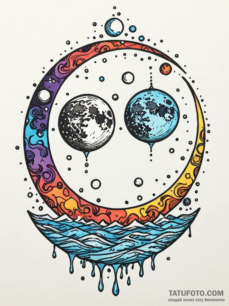 Water mirror reflecting twin moons, concept a… — эскиз тату (№1751802264_0, 06.07.2025 11:44) — Tatufoto.com