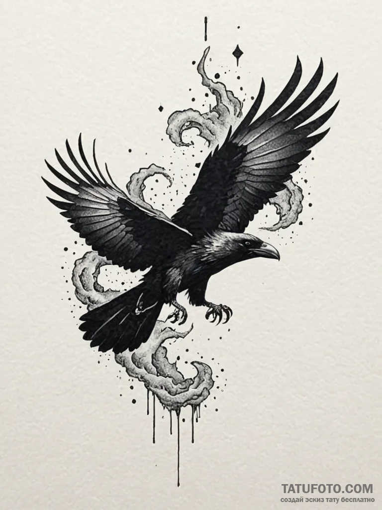 Ashen raven flying through void storm, tattoo... - эскиз тату (№1751802350_0, 06.07.2025 11:45) — Tatufoto.com