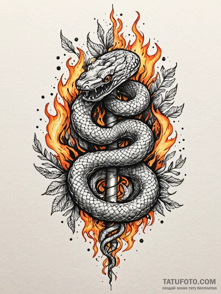 Serpent coil beneath burning tree, tattoo ske... - эскиз тату (№1751802436_0, 06.07.2025 11:47) — Tatufoto.com