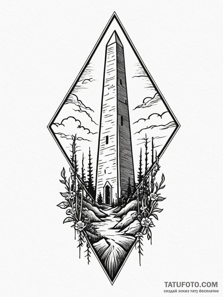 Obelisk rising from bone field, tattoo drawin... - эскиз тату (№1751802952_0, 06.07.2025 11:55) — Tatufoto.com