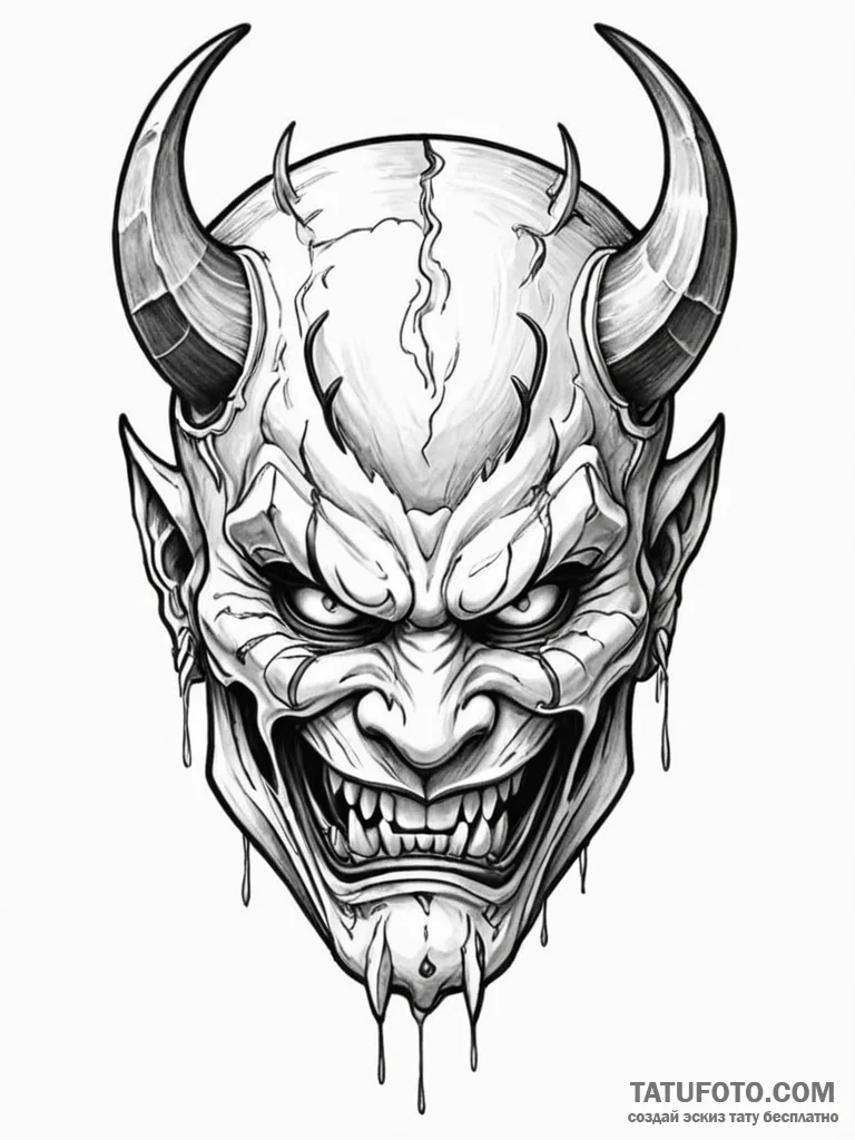 Oni mask splitting to reveal a human face, ar... - эскиз тату (№1751803124_0, 06.07.2025 11:58) — Tatufoto.com