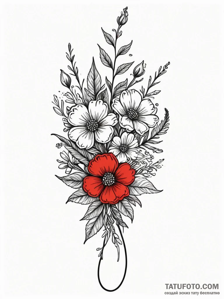 Wildflower bouquet, tied with a simple piece… — эскиз тату (№1751809484_0, 06.07.2025 13:44) — Tatufoto.com