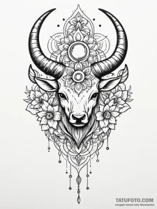 Horned relic beneath celestial bloom, tattoo... - эскиз тату (№1751809571_0, 06.07.2025 13:46) — Tatufoto.com