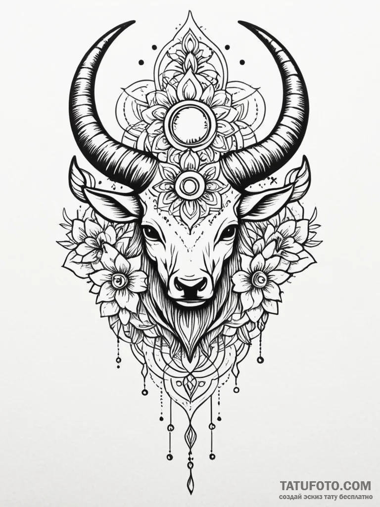 Horned relic beneath celestial bloom, tattoo... - эскиз тату (№1751809571_0, 06.07.2025 13:46) — Tatufoto.com