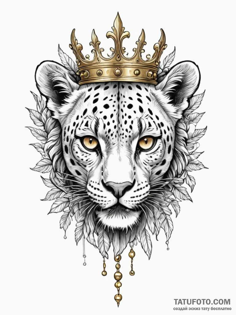 Leopard skull crowned in gold, tattoo line ar... - эскиз тату (№1751809747_0, 06.07.2025 13:49) — Tatufoto.com