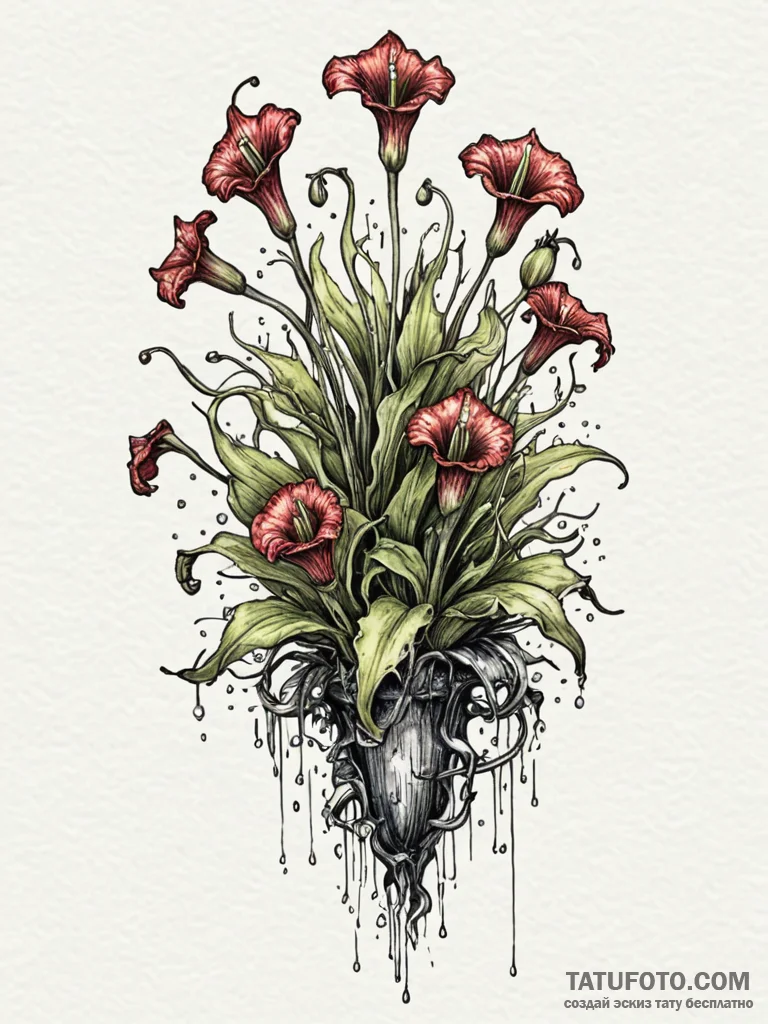 Carnivorous plant with dewdrops like tiny sku… — эскиз тату (№1751813091_0, 06.07.2025 14:44) — Tatufoto.com