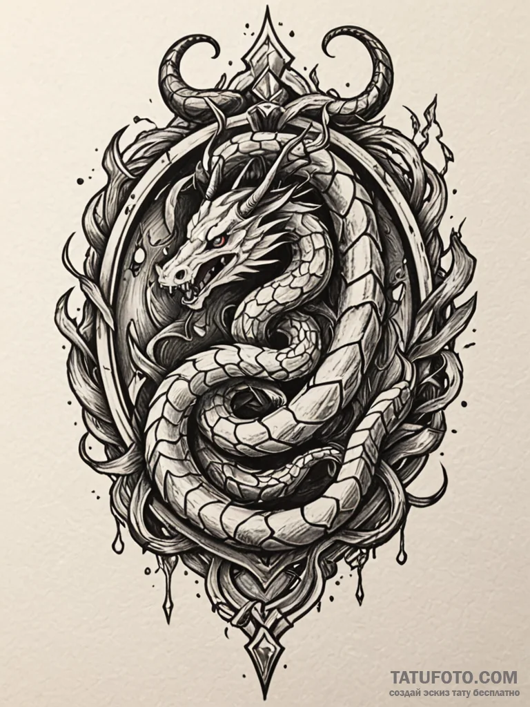 Horned serpent through shattered mirror, tatt... - эскиз тату (№1751813209_0, 06.07.2025 14:46) — Tatufoto.com