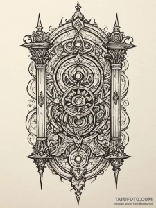 Parchment blade beneath spectral gate, ink il... - эскиз тату (№1751813461_0, 06.07.2025 14:51) — Tatufoto.com
