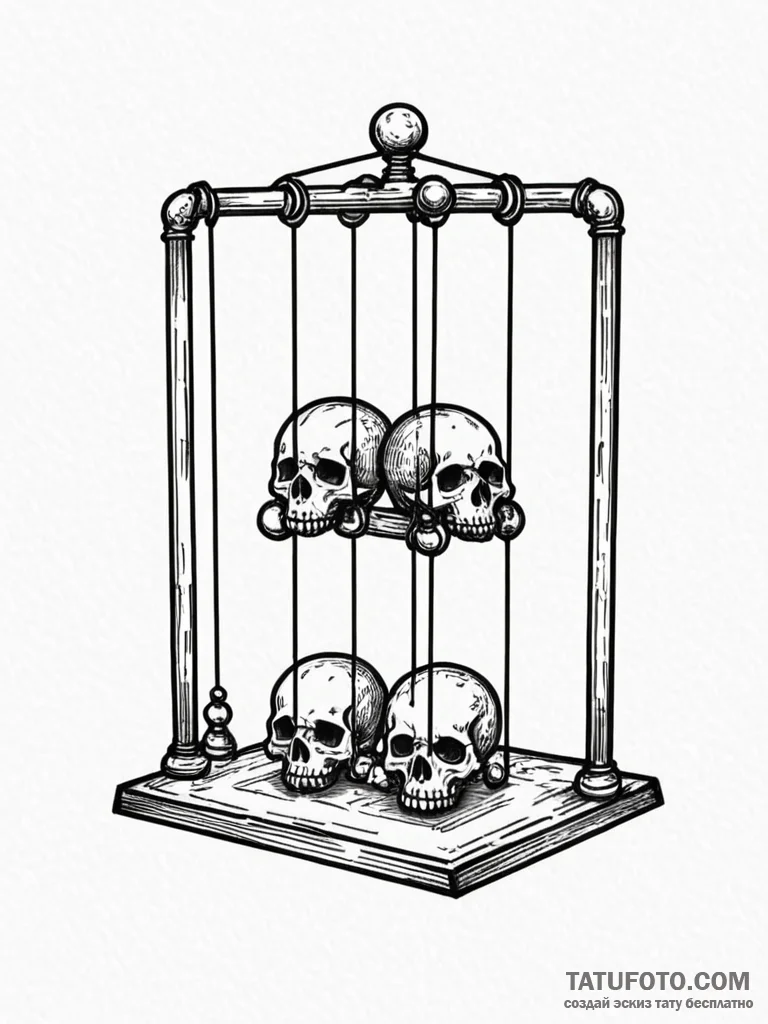 Newton's cradle, but the balls are human skul... - эскиз тату (№1751813545_0, 06.07.2025 14:52) — Tatufoto.com