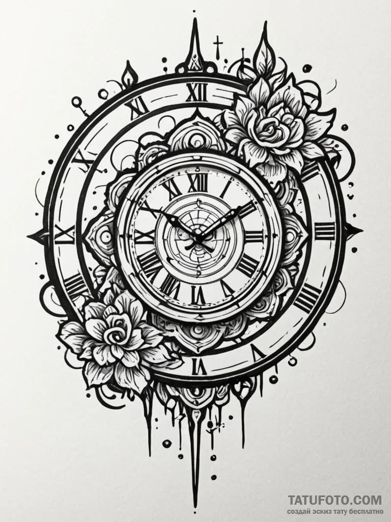 A detailed broken wall clock, still,, tattoo... - эскиз тату (№1751813796_0, 06.07.2025 14:56) — Tatufoto.com