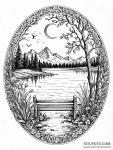 A classic bench by a lake, peaceful,, ink ill... - эскиз тату (№1751814473_0, 06.07.2025 15:07) — Tatufoto.com
