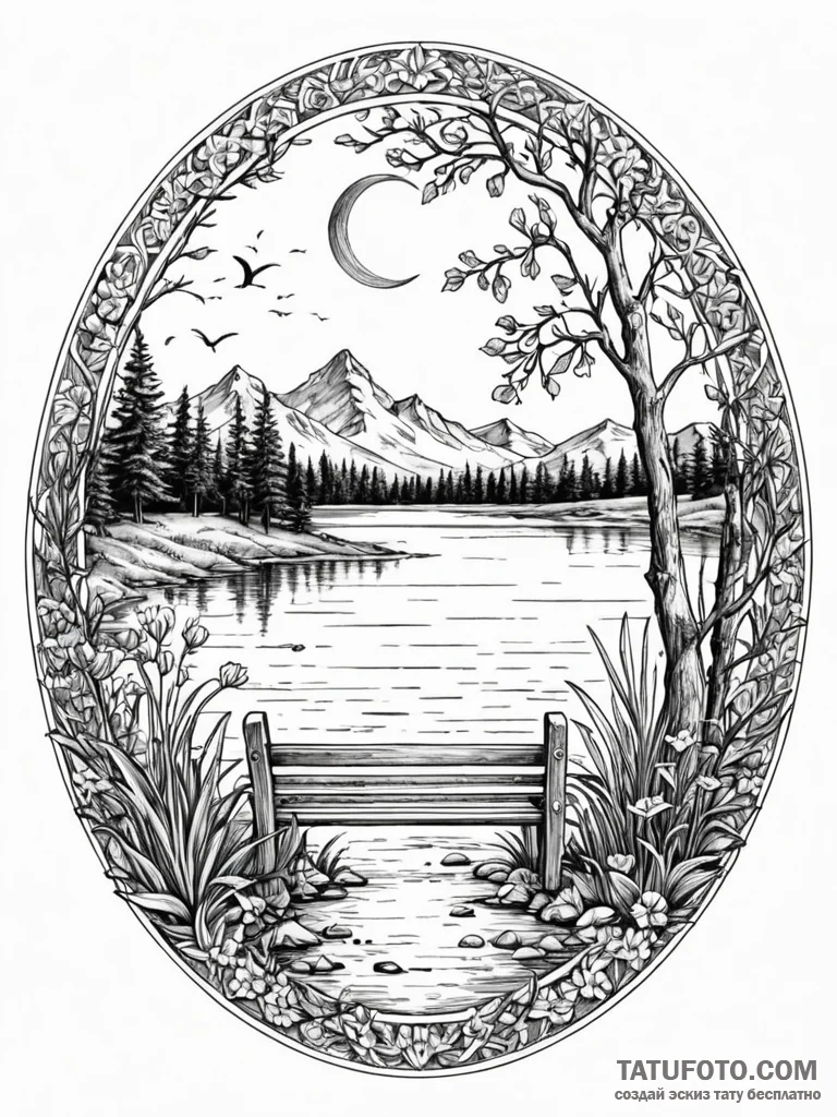 A classic bench by a lake, peaceful,, ink ill... - эскиз тату (№1751814473_0, 06.07.2025 15:07) — Tatufoto.com