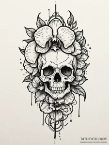Orchid blooming from a crack in a skull, tatt... - эскиз тату (№1751814811_0, 06.07.2025 15:13) — Tatufoto.com