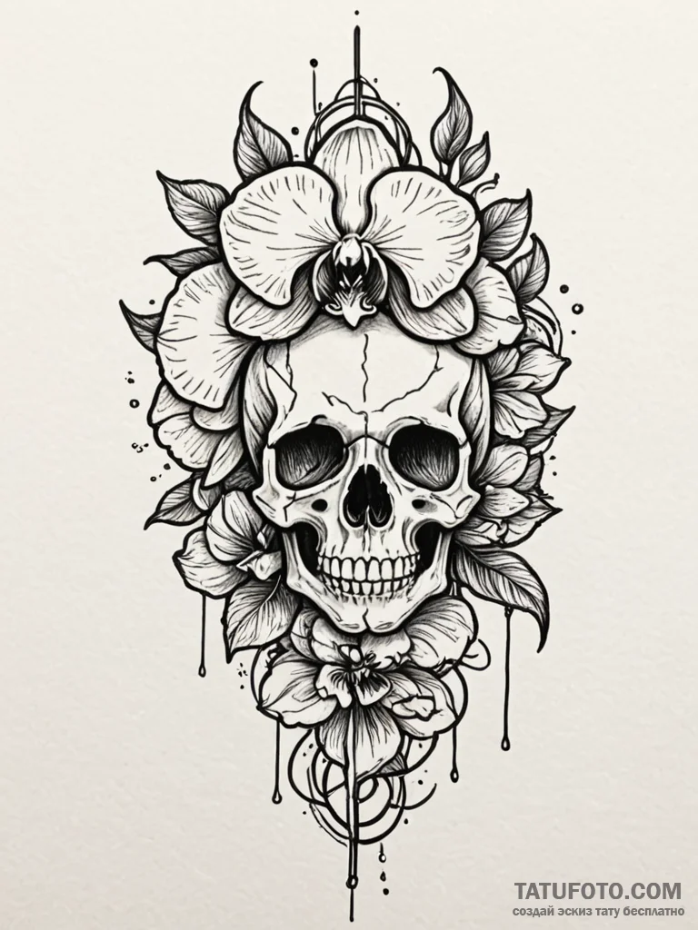 Orchid blooming from a crack in a skull, tatt… — эскиз тату (№1751814811_0, 06.07.2025 15:13) — Tatufoto.com