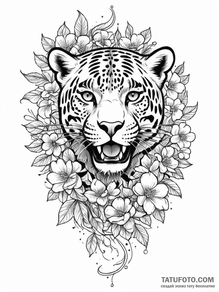 Jaguar fang through celestial bloom, tattoo d... - эскиз тату (№1751816493_0, 06.07.2025 15:41) — Tatufoto.com