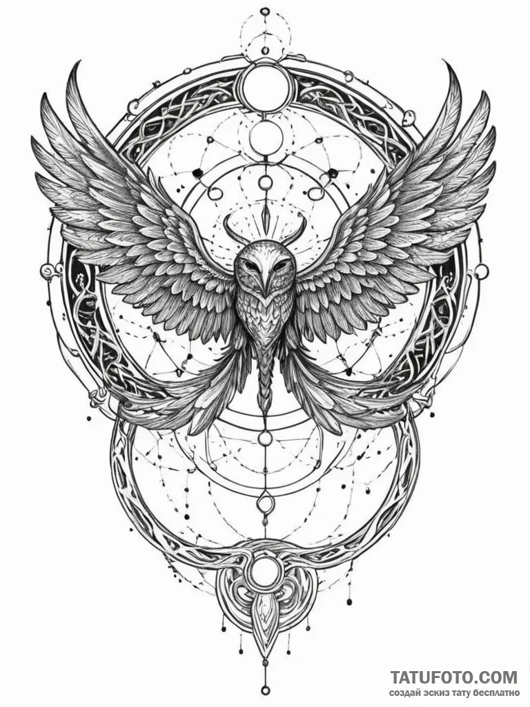 Knot of wings beneath star gate, ink illustra... - эскиз тату (№1751816829_0, 06.07.2025 15:47) — Tatufoto.com