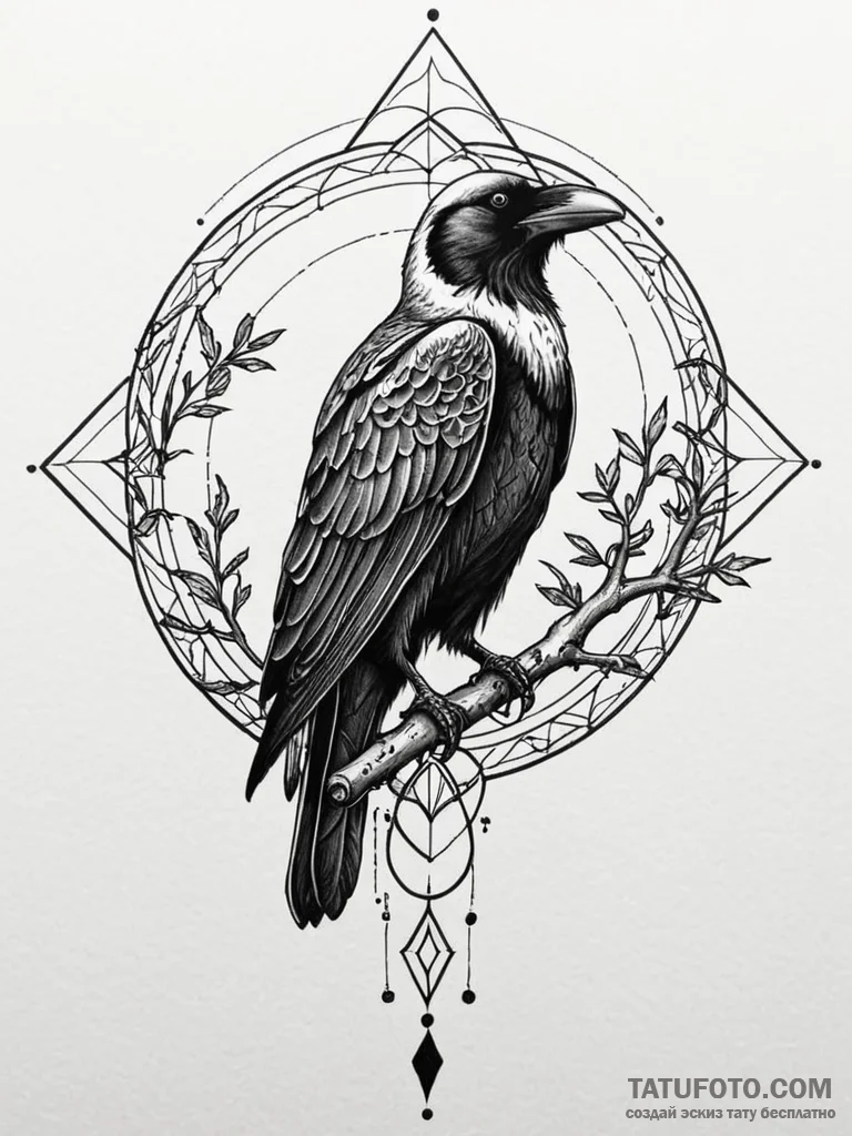 Ancient raven perched on bone branch, tattoo... - эскиз тату (№1751816998_0, 06.07.2025 15:49) — Tatufoto.com