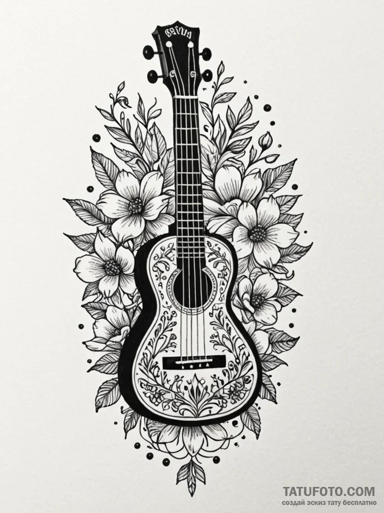Ukulele with flowers painted on its body, tat... - эскиз тату (№1751817083_0, 06.07.2025 15:51) — Tatufoto.com