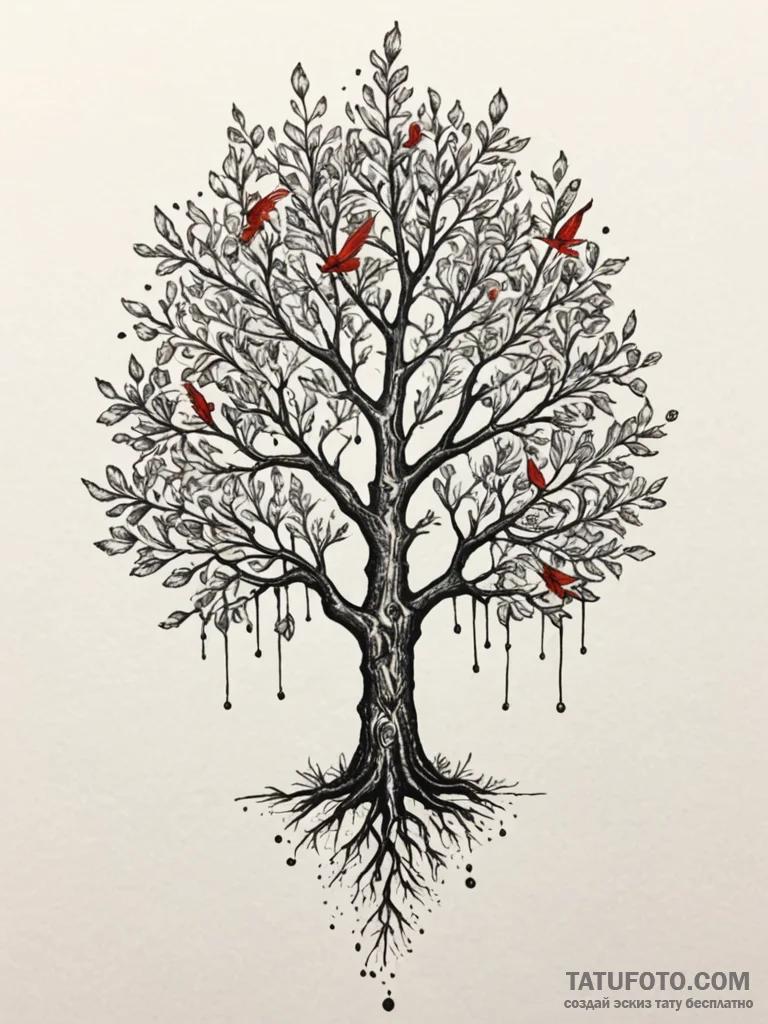 Feathered bloom beneath spectral tree, tattoo... - эскиз тату (№1751817337_0, 06.07.2025 15:55) — Tatufoto.com