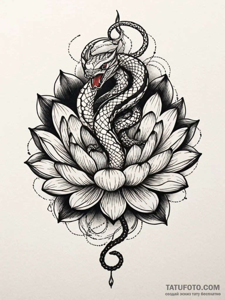 Cobra coiled around a black lotus, artistic t… — эскиз тату (№1751817588_0, 06.07.2025 15:59) — Tatufoto.com