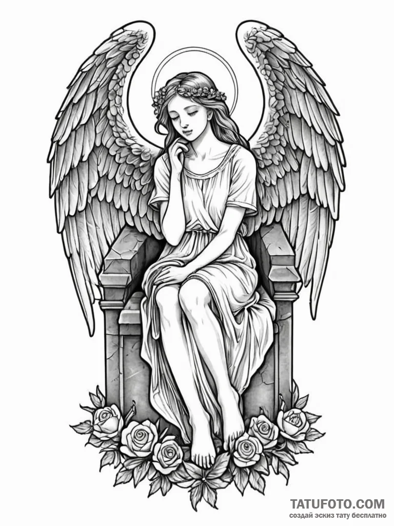 Angel sitting on tombstone, tattoo flash shee... - эскиз тату (№1751818177_0, 06.07.2025 16:09) — Tatufoto.com
