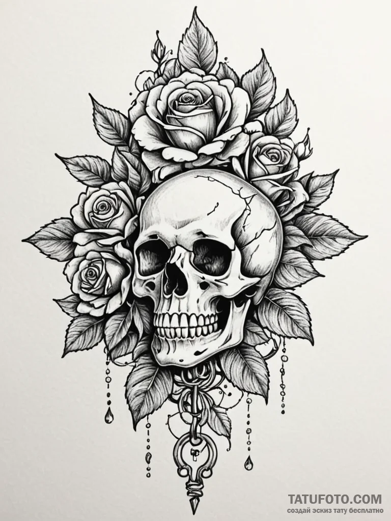 Skeleton key beneath frozen bloom, tattoo dra… — эскиз тату (№1751818429_0, 06.07.2025 16:13) — Tatufoto.com