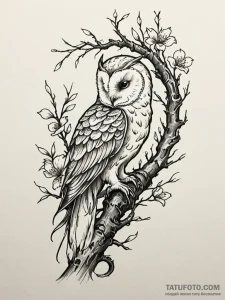 A wise barn owl perched on a branch, detailed... - эскиз тату (№1751818765_0, 06.07.2025 16:19) — Tatufoto.com