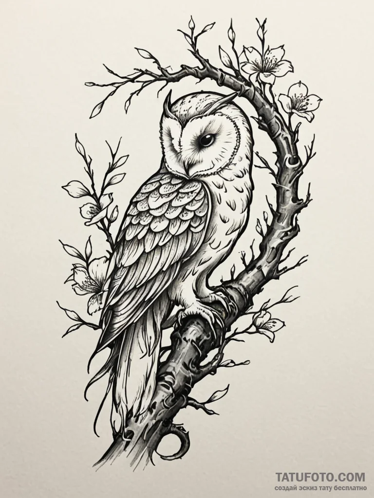 A wise barn owl perched on a branch, detailed... - эскиз тату (№1751818765_0, 06.07.2025 16:19) — Tatufoto.com