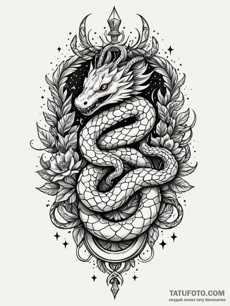 Ivory serpent crowned with stars, ink illustr... - эскиз тату (№1751818933_0, 06.07.2025 16:22) — Tatufoto.com