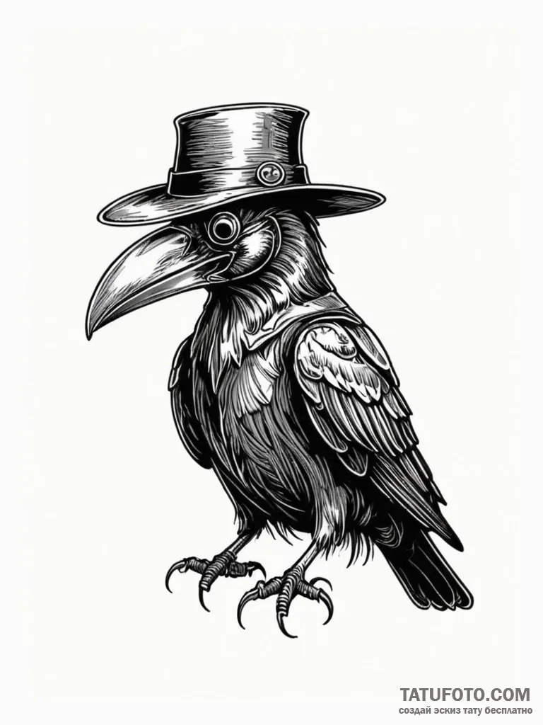 Crow wearing a plague doctor mask, ink illust... - эскиз тату (№1751819773_0, 06.07.2025 16:36) — Tatufoto.com