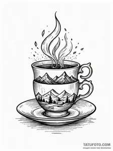 Tea cup with a storm brewing inside, ink illu... - эскиз тату (№1751820657_0, 06.07.2025 16:50) — Tatufoto.com