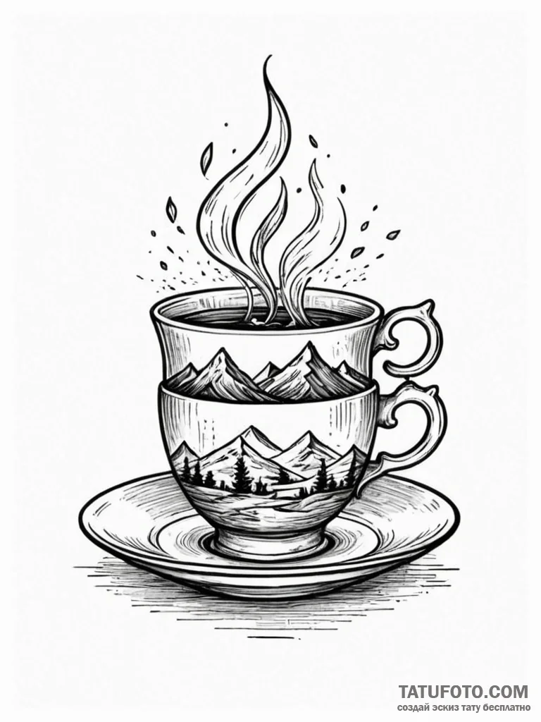 Tea cup with a storm brewing inside, ink illu... - эскиз тату (№1751820657_0, 06.07.2025 16:50) — Tatufoto.com