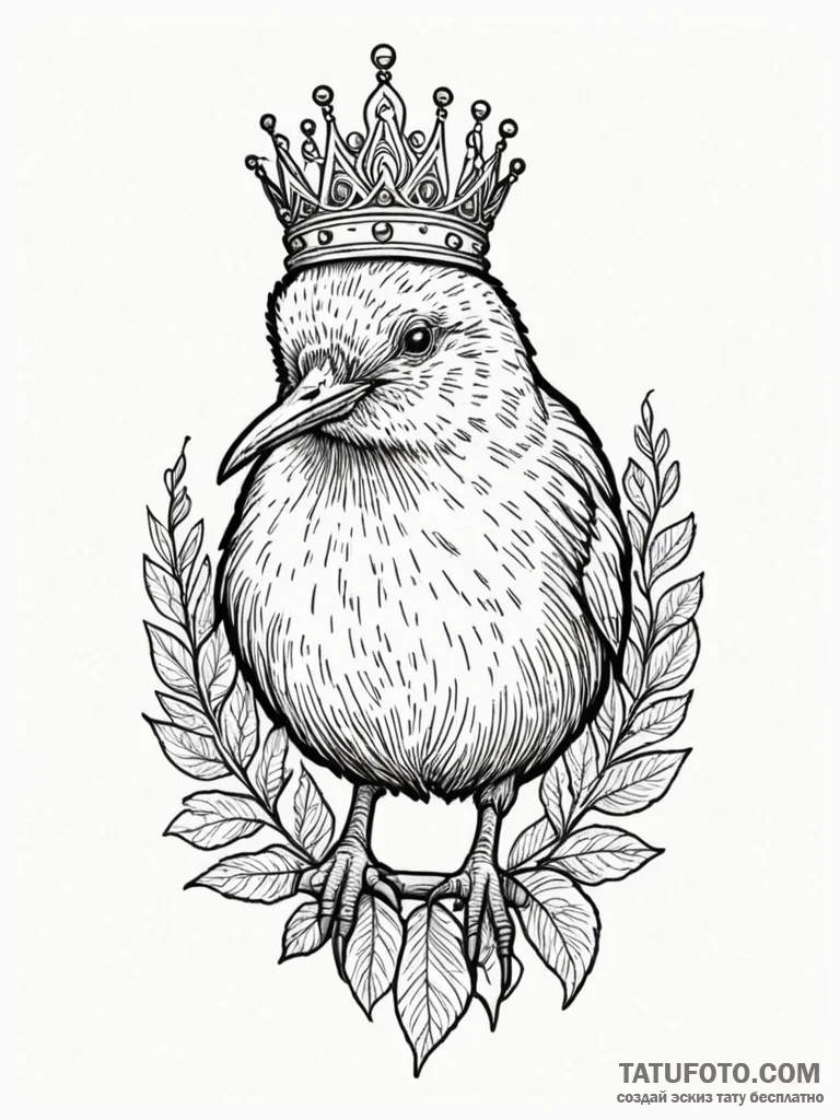 Kiwi bird with bone crown, ink illustration f... - эскиз тату (№1751820997_0, 06.07.2025 16:56) — Tatufoto.com