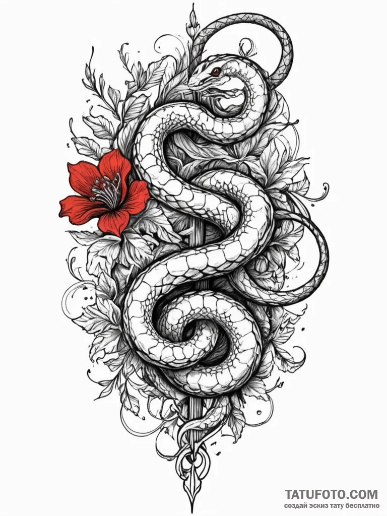 Ruby serpent beneath spectral bloom, artistic... - эскиз тату (№1751821420_0, 06.07.2025 17:03) — Tatufoto.com
