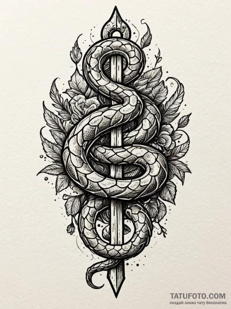 Crimson serpent coiled around blade, tattoo f... - эскиз тату (№1751821843_0, 06.07.2025 17:10) — Tatufoto.com