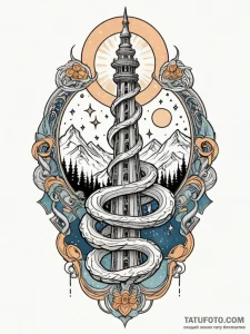 Glacial serpent beneath celestial spire, tatt... - эскиз тату (№1751822388_0, 06.07.2025 17:19) — Tatufoto.com