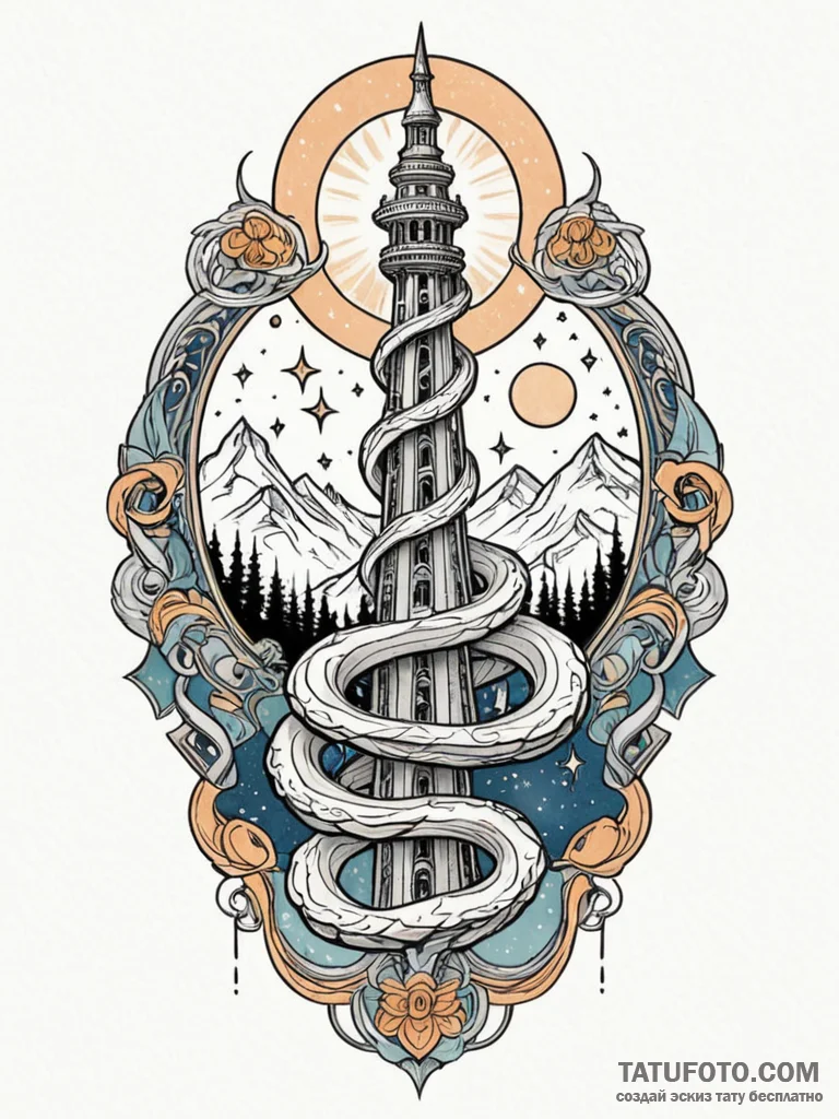 Glacial serpent beneath celestial spire, tatt... - эскиз тату (№1751822388_0, 06.07.2025 17:19) — Tatufoto.com