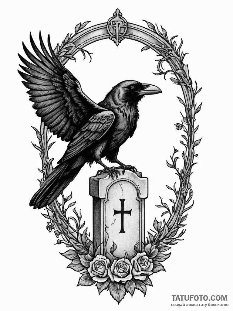 Perched raven on a "nevermore" tombstone, tat... - эскиз тату (№1751823312_0, 06.07.2025 17:35) — Tatufoto.com
