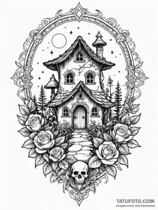 Mushroom house with a tiny, glowing window, c... - эскиз тату (№1751823481_0, 06.07.2025 17:38) — Tatufoto.com