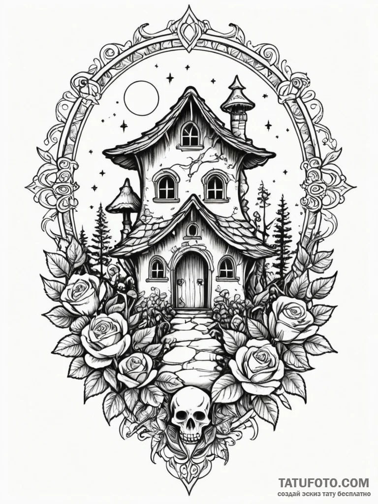 Mushroom house with a tiny, glowing window, c... - эскиз тату (№1751823481_0, 06.07.2025 17:38) — Tatufoto.com