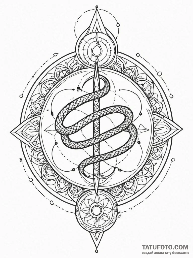 Glyph-etched serpent beneath celestial spire,... - эскиз тату (№1751824490_0, 06.07.2025 17:54) — Tatufoto.com