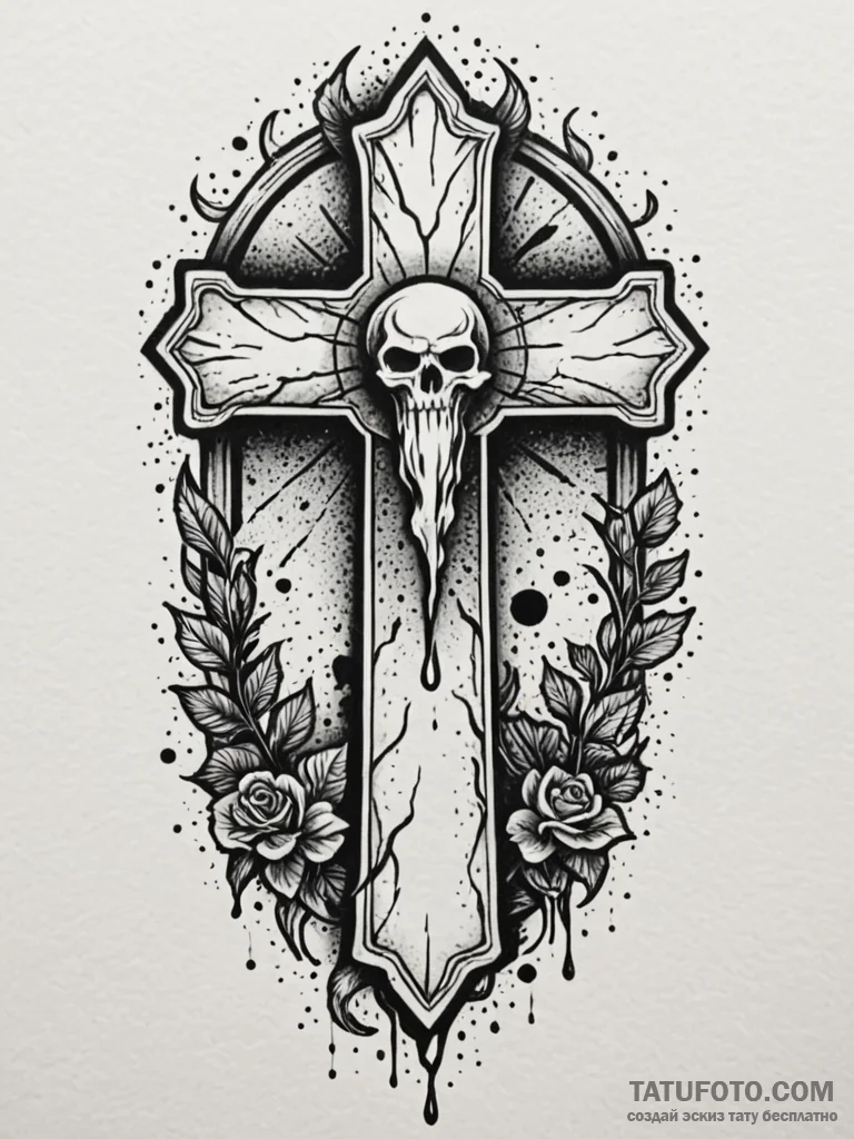 Tombstone cracked and bleeding light, tattoo… — эскиз тату (№1751824658_0, 06.07.2025 17:57) — Tatufoto.com
