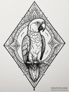 Parrot with plumage of fire and embers, ink i... - эскиз тату (№1751824744_0, 06.07.2025 17:59) — Tatufoto.com