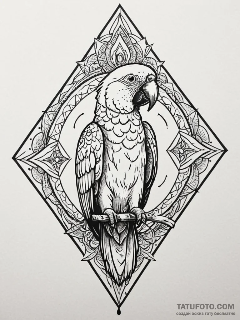 Parrot with plumage of fire and embers, ink i… — эскиз тату (№1751824744_0, 06.07.2025 17:59) — Tatufoto.com