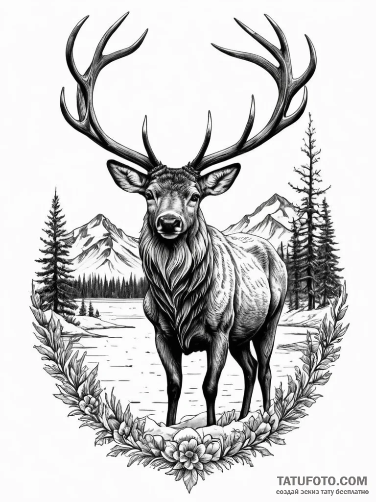 Arctic stag standing on frozen lake, concept... - эскиз тату (№1751825167_0, 06.07.2025 18:06) — Tatufoto.com