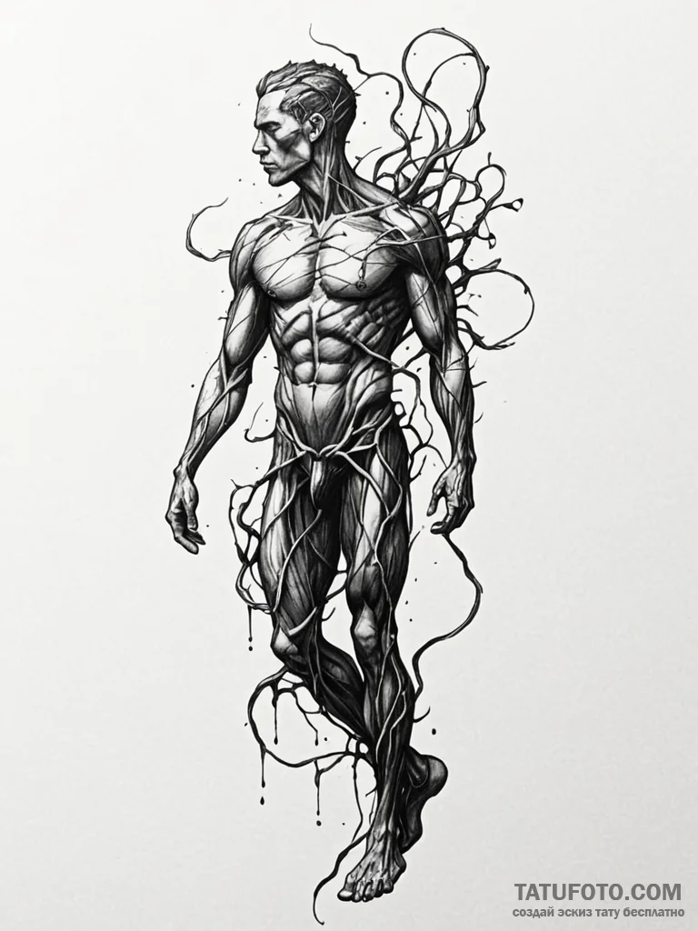 Entangled roots forming a human silhouette, c... - эскиз тату (№1751825251_0, 06.07.2025 18:07) — Tatufoto.com